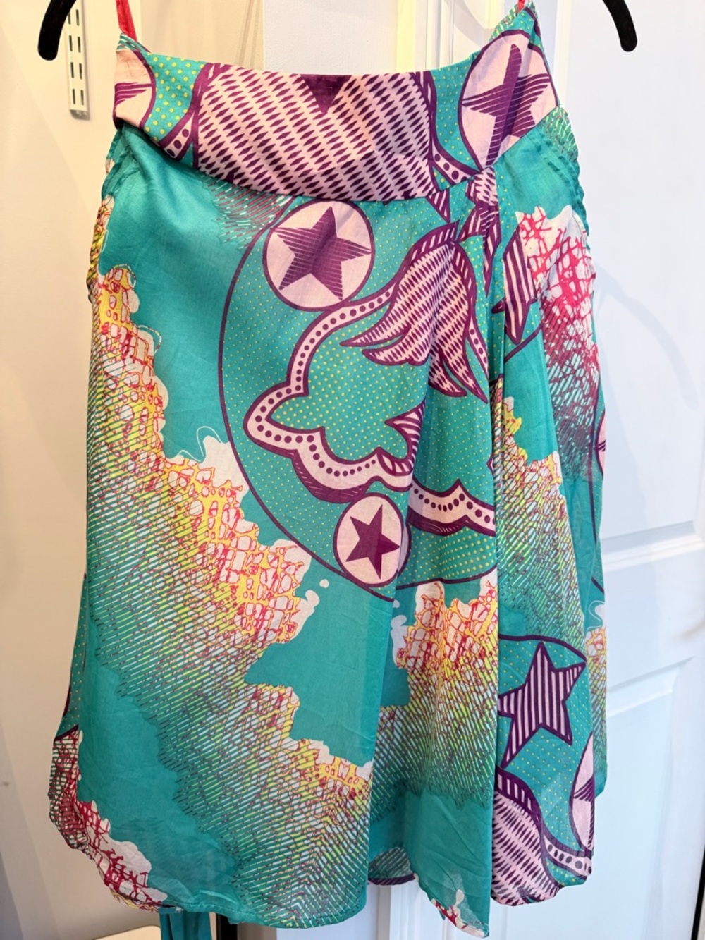 Christian Lacroix Women's M Turquoise Purple Geometric Wrap Skirt Tie Short